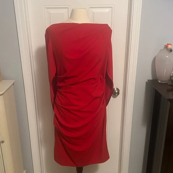 Size 16 women’s red cape dress by Betsy & Adam Elegant Red Cape Sleeve Dress wow - Picture 5 of 6